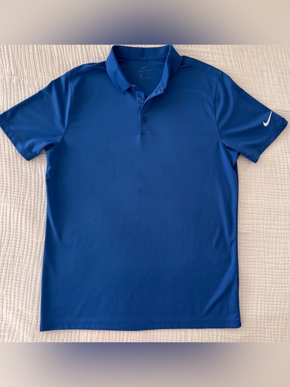 Nike Men’s Blue Dri-FIT Polo Shirt Large Performance Golf SS Swoosh on Sleeve